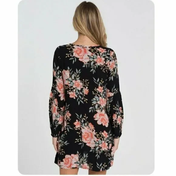 BILLABONG Just Like Us Black Floral lace up long sleeve    Mini Dress size S - Picture 3 of 13